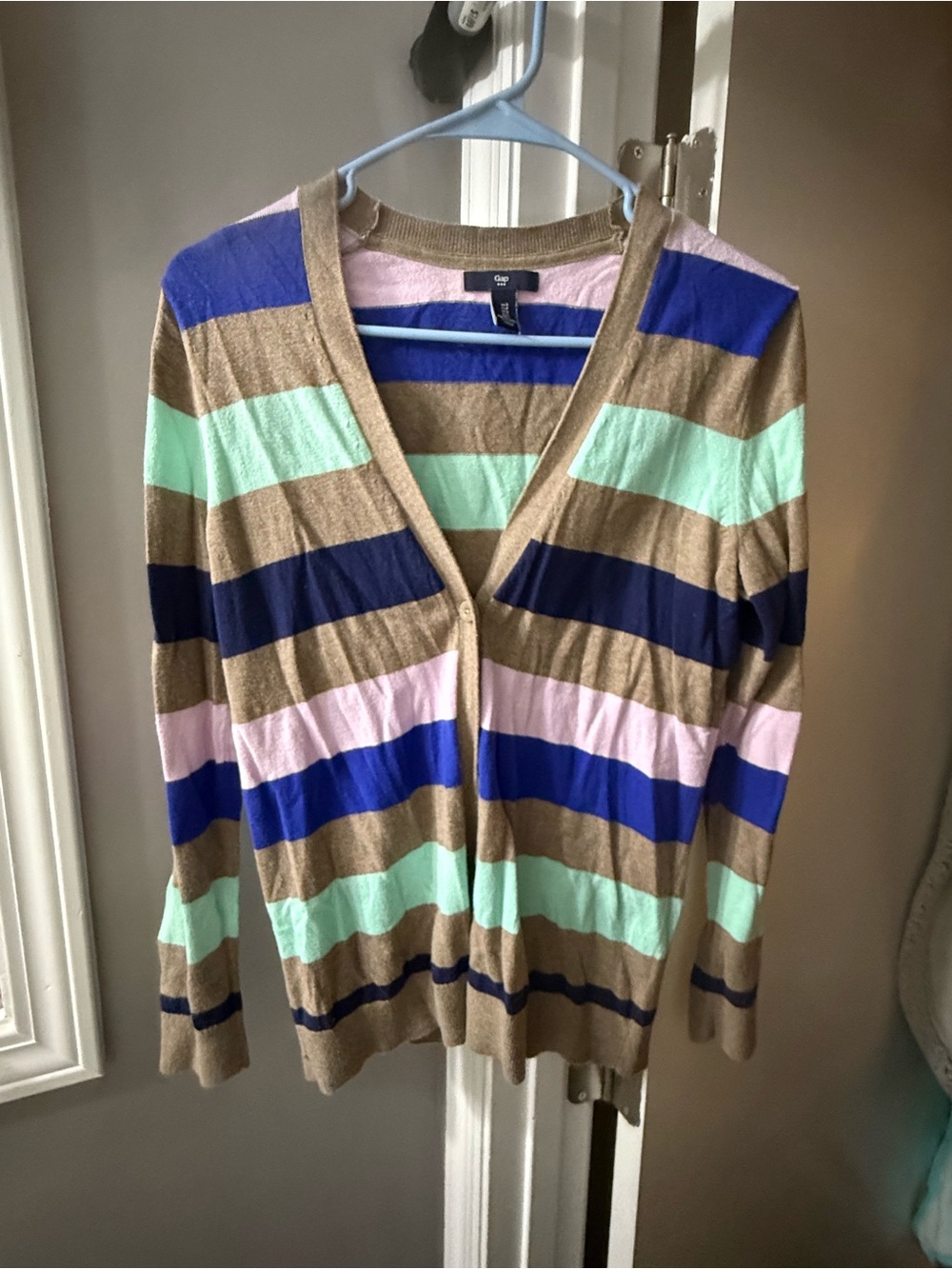 GAP Women's Striped V-Neck Cardigan in Tan, Mint & Navy